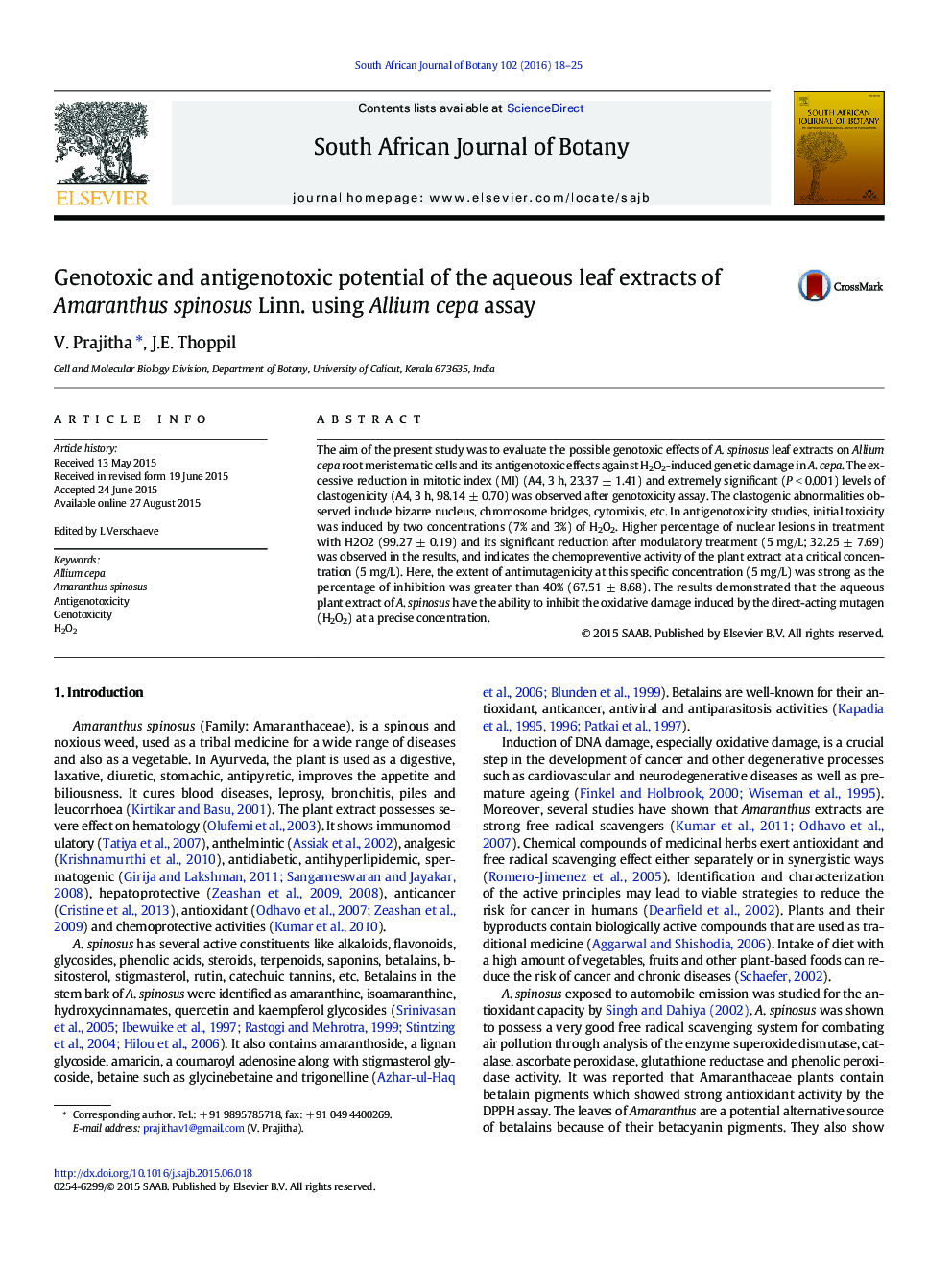 Genotoxic and antigenotoxic potential of the aqueous leaf extracts of Amaranthus spinosus Linn. using Allium cepa assay