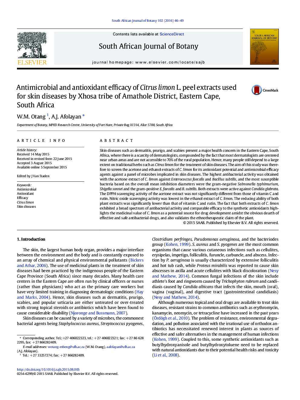 Antimicrobial and antioxidant efficacy of Citrus limon L. peel extracts used for skin diseases by Xhosa tribe of Amathole District, Eastern Cape, South Africa