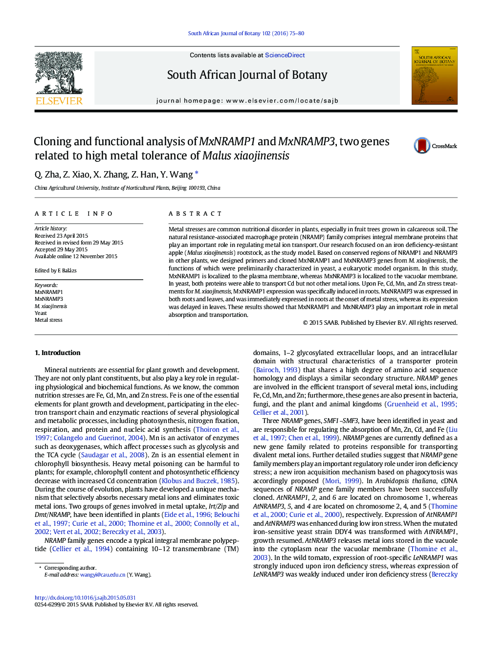 Cloning and functional analysis of MxNRAMP1 and MxNRAMP3, two genes related to high metal tolerance of Malus xiaojinensis