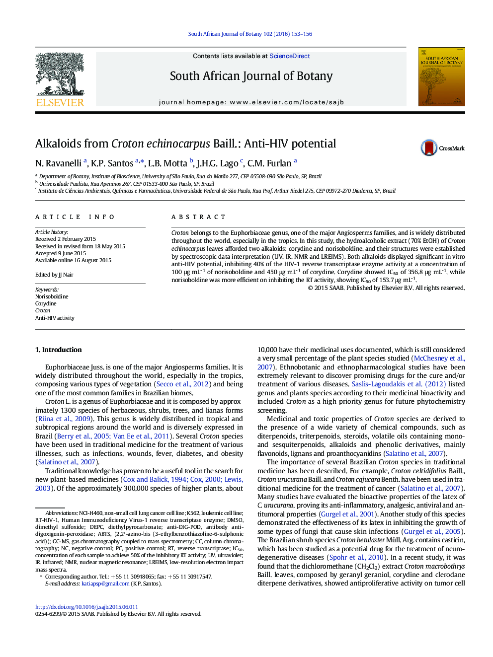 Alkaloids from Croton echinocarpus Baill.: Anti-HIV potential