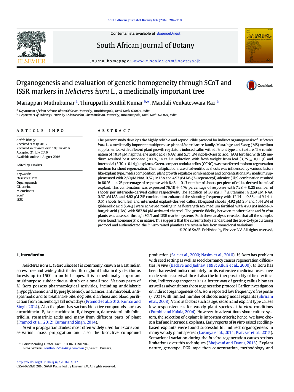 Organogenesis and evaluation of genetic homogeneity through SCoT and ISSR markers in Helicteres isora L., a medicinally important tree