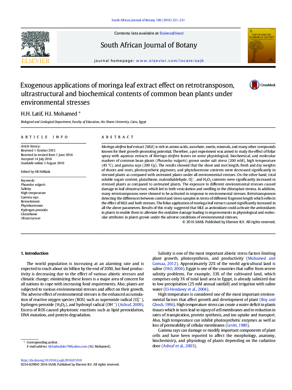 Exogenous applications of moringa leaf extract effect on retrotransposon, ultrastructural and biochemical contents of common bean plants under environmental stresses