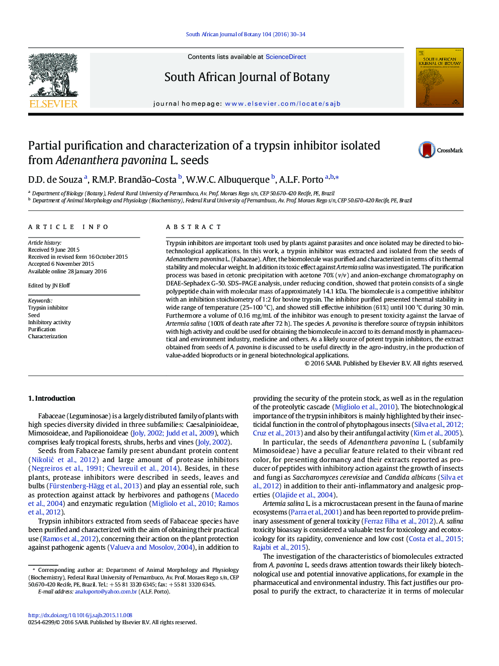 Partial purification and characterization of a trypsin inhibitor isolated from Adenanthera pavonina L. seeds