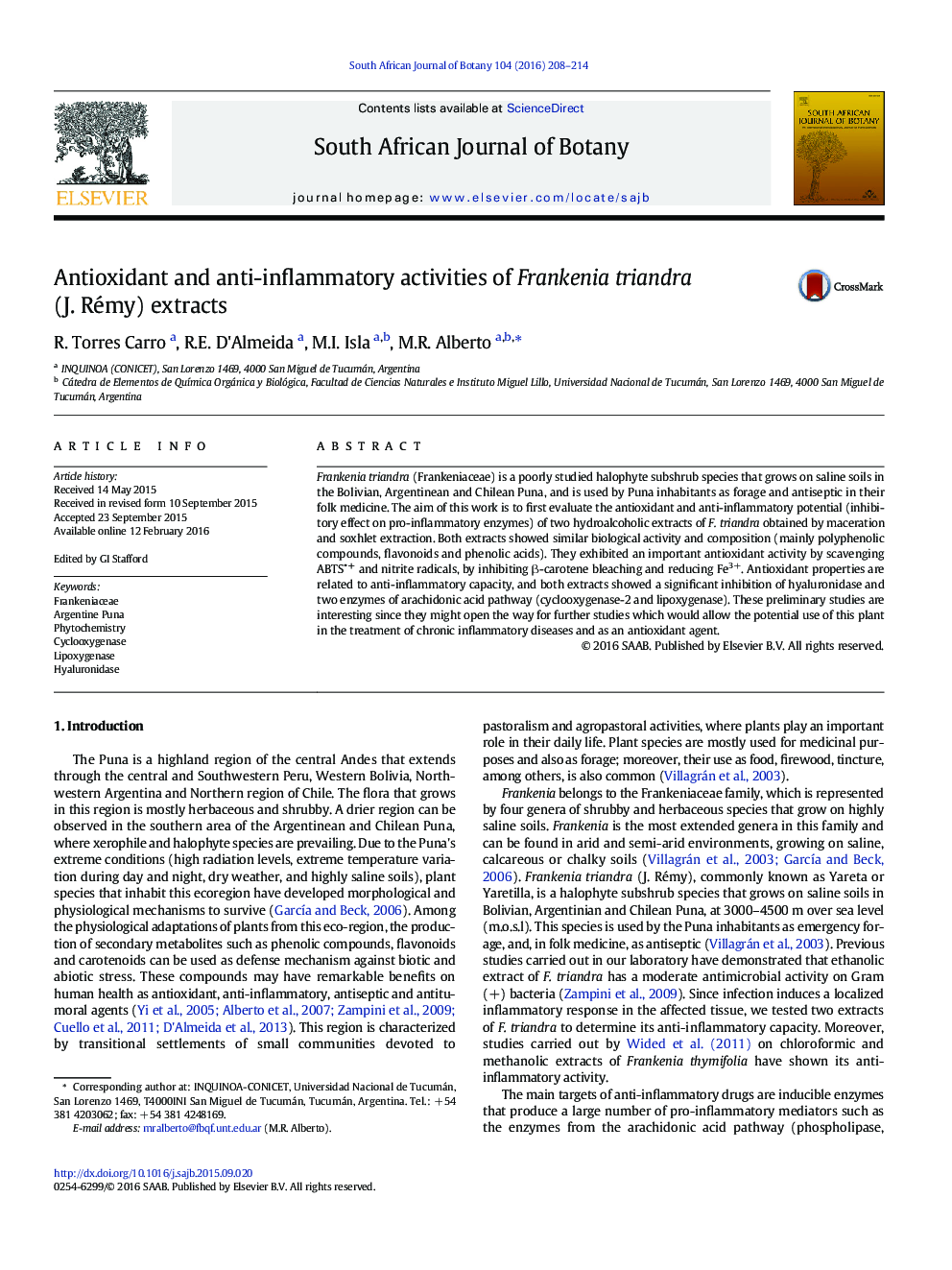 Antioxidant and anti-inflammatory activities of Frankenia triandra (J. Rémy) extracts