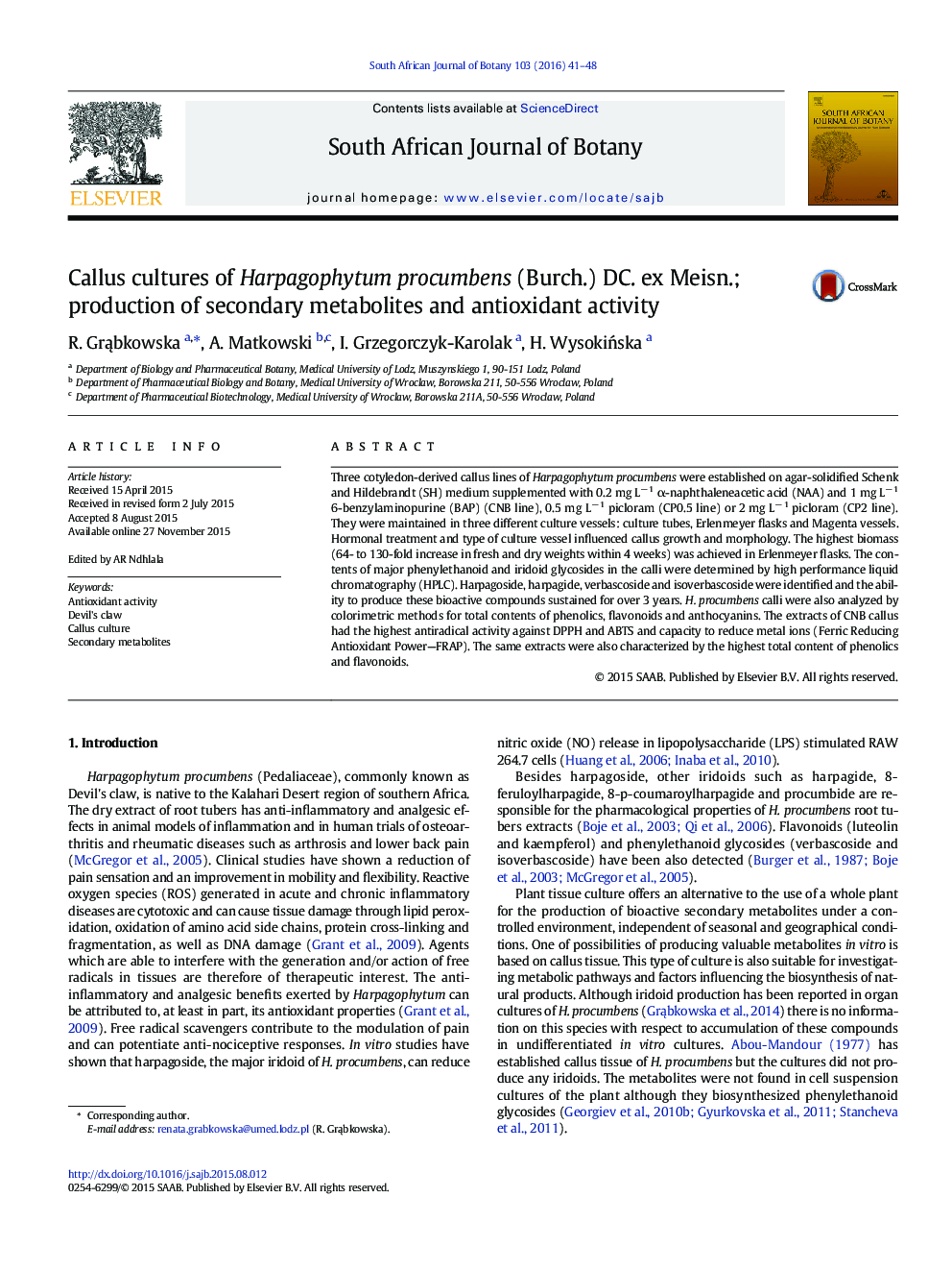 Callus cultures of Harpagophytum procumbens (Burch.) DC. ex Meisn.; production of secondary metabolites and antioxidant activity