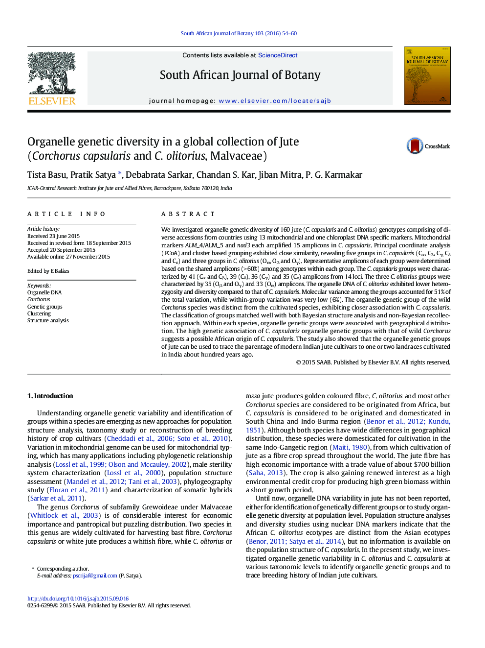 Organelle genetic diversity in a global collection of Jute (Corchorus capsularis and C. olitorius, Malvaceae)