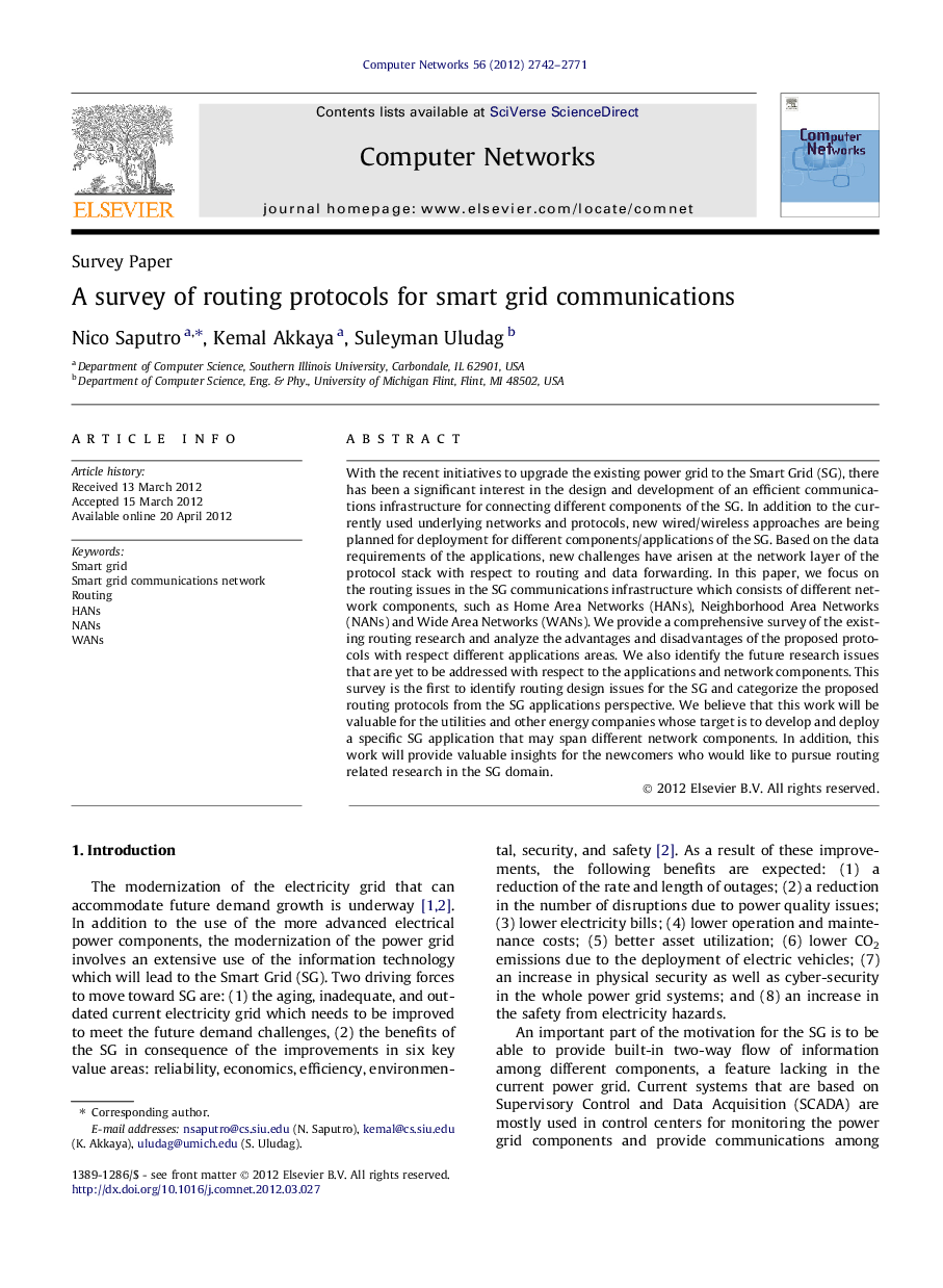 A survey of routing protocols for smart grid communications