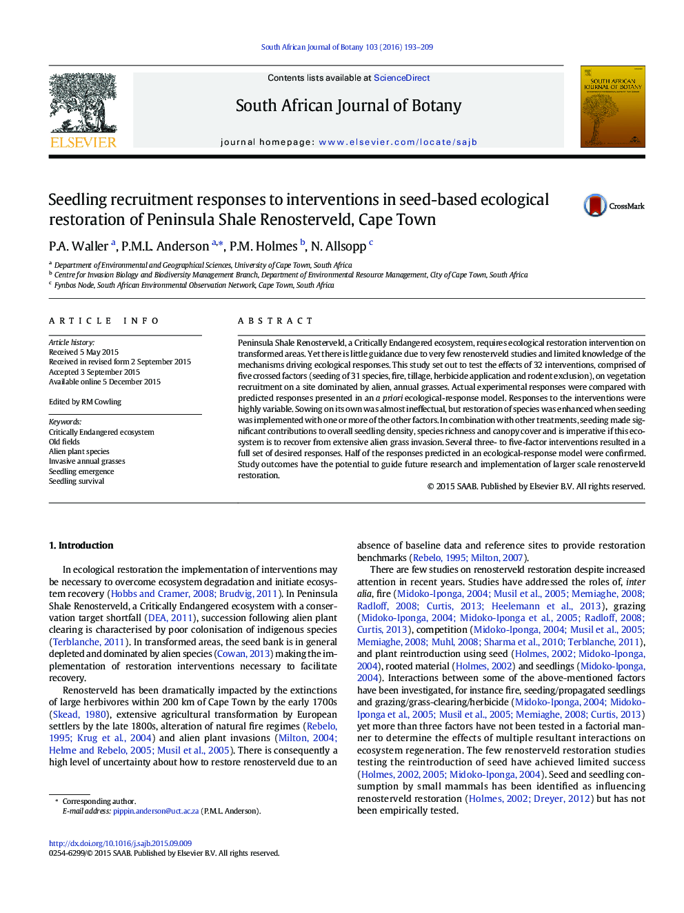 Seedling recruitment responses to interventions in seed-based ecological restoration of Peninsula Shale Renosterveld, Cape Town