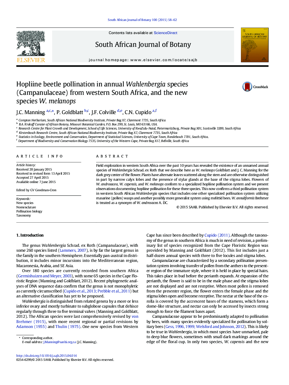 Hopliine beetle pollination in annual Wahlenbergia species (Campanulaceae) from western South Africa, and the new species W. melanops