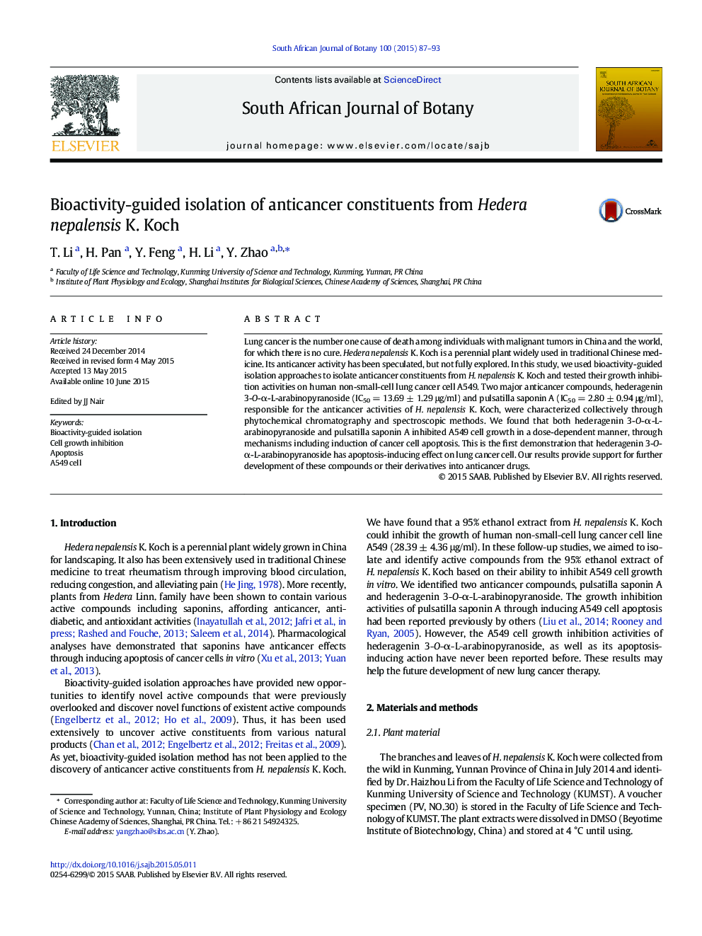 Bioactivity-guided isolation of anticancer constituents from Hedera nepalensis K. Koch