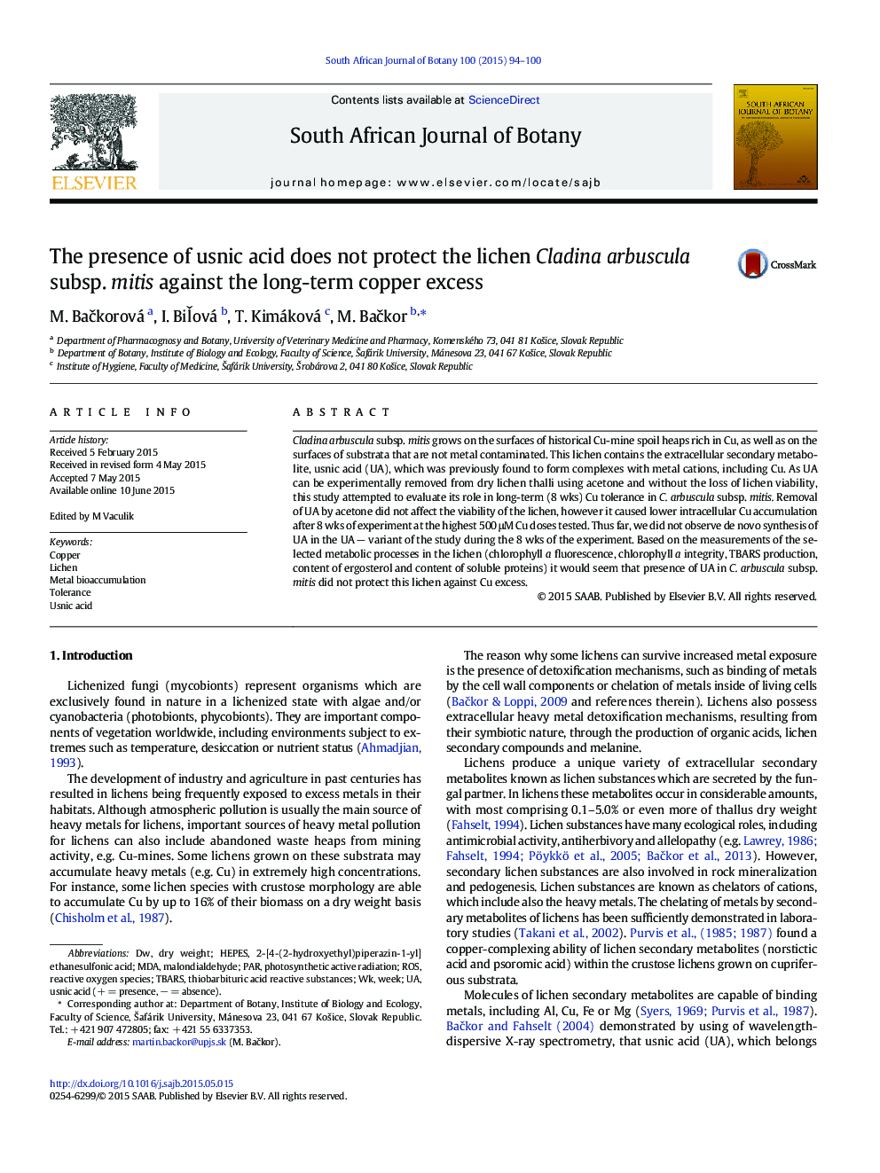 The presence of usnic acid does not protect the lichen Cladina arbuscula subsp. mitis against the long-term copper excess