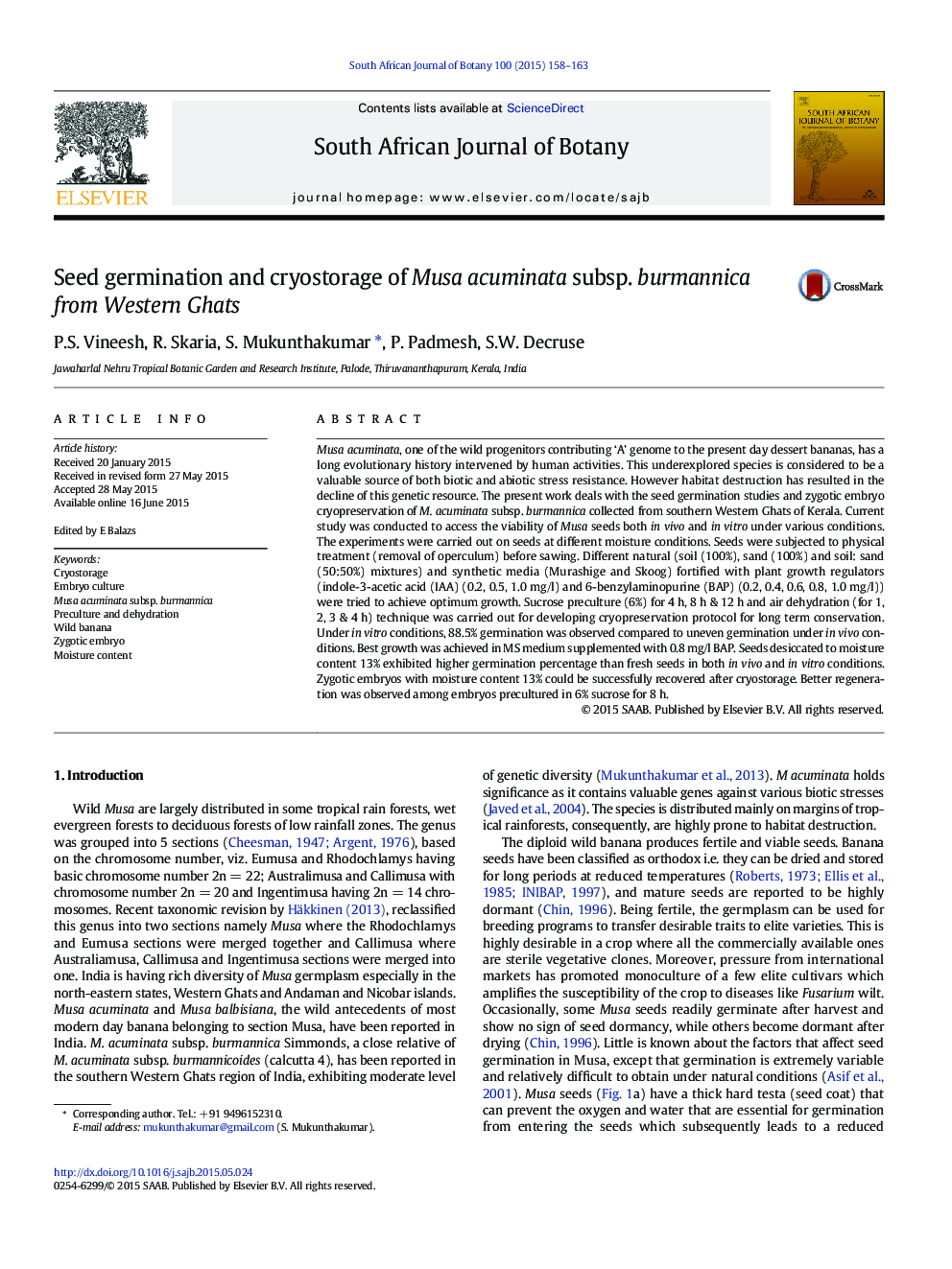 Seed germination and cryostorage of Musa acuminata subsp. burmannica from Western Ghats