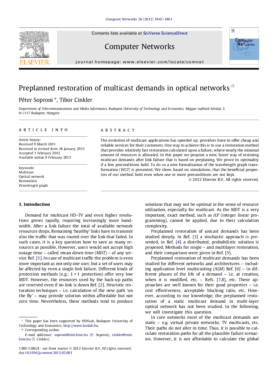 Preplanned restoration of multicast demands in optical networks 