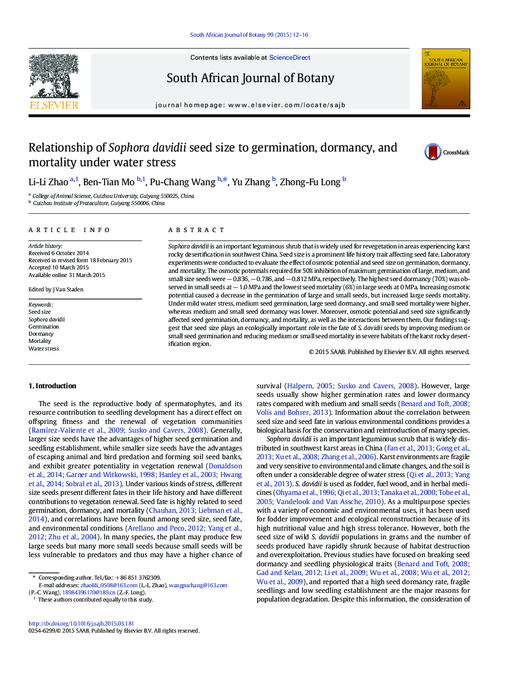 Relationship of Sophora davidii seed size to germination, dormancy, and mortality under water stress