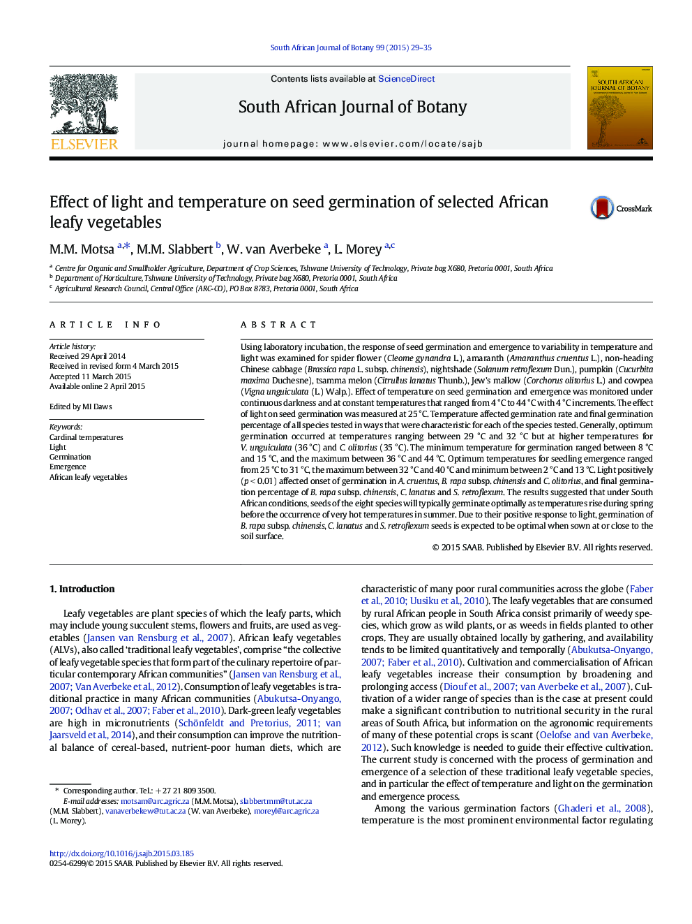 Effect of light and temperature on seed germination of selected African leafy vegetables