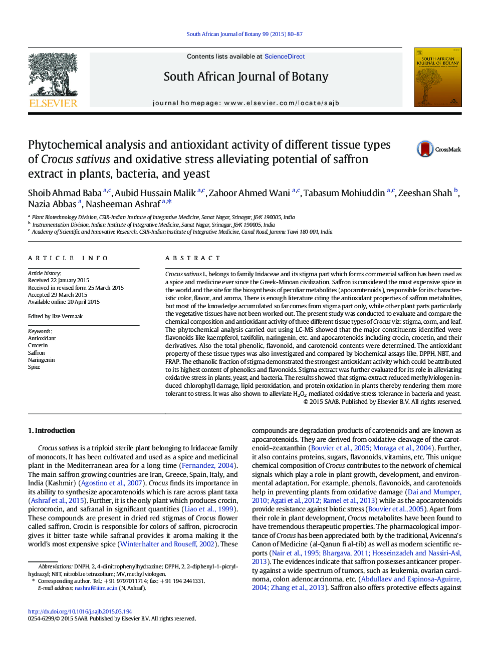 Phytochemical analysis and antioxidant activity of different tissue types of Crocus sativus and oxidative stress alleviating potential of saffron extract in plants, bacteria, and yeast