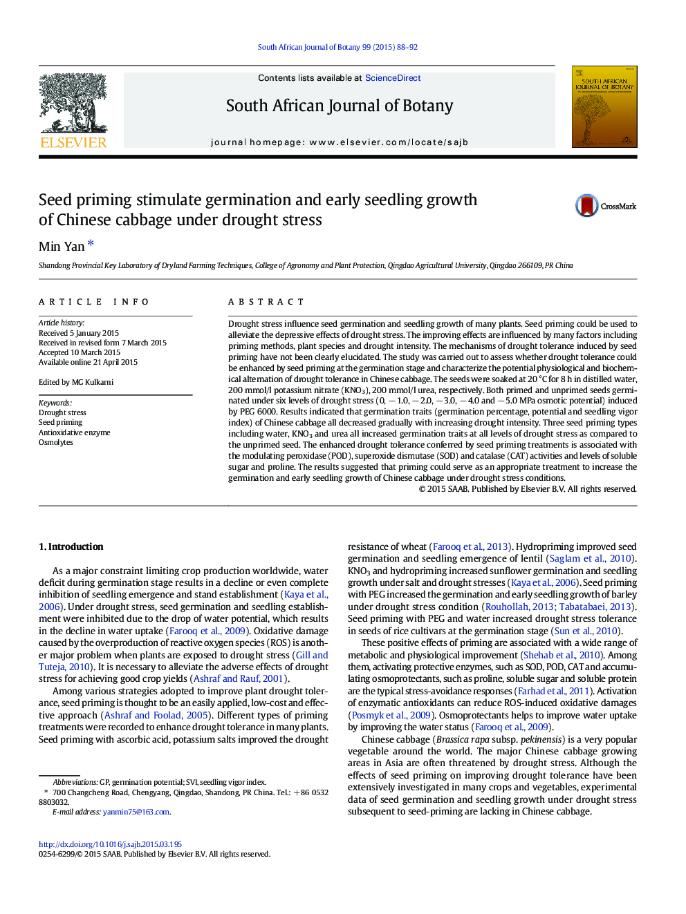 Seed priming stimulate germination and early seedling growth of Chinese cabbage under drought stress