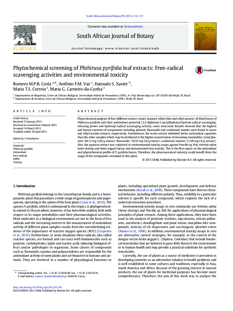 Phytochemical screening of Phthirusa pyrifolia leaf extracts: Free-radical scavenging activities and environmental toxicity