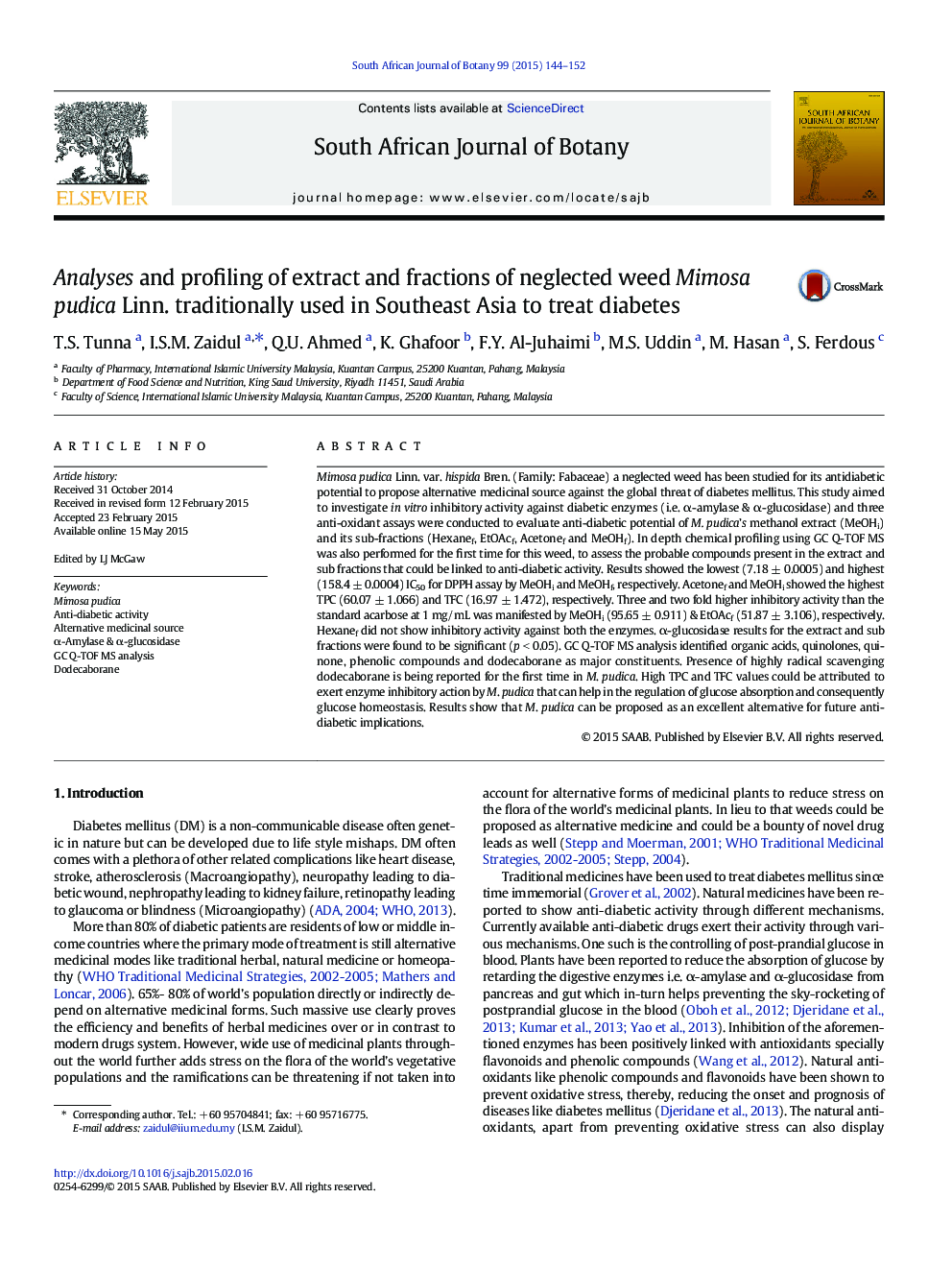 Analyses and profiling of extract and fractions of neglected weed Mimosa pudica Linn. traditionally used in Southeast Asia to treat diabetes