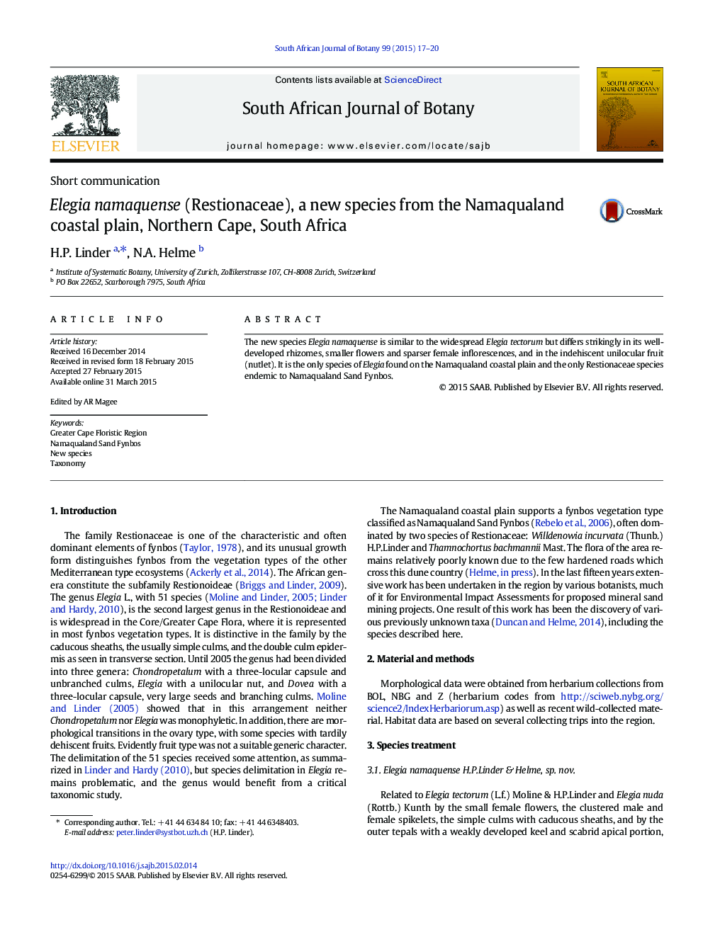 Elegia namaquense (Restionaceae), a new species from the Namaqualand coastal plain, Northern Cape, South Africa