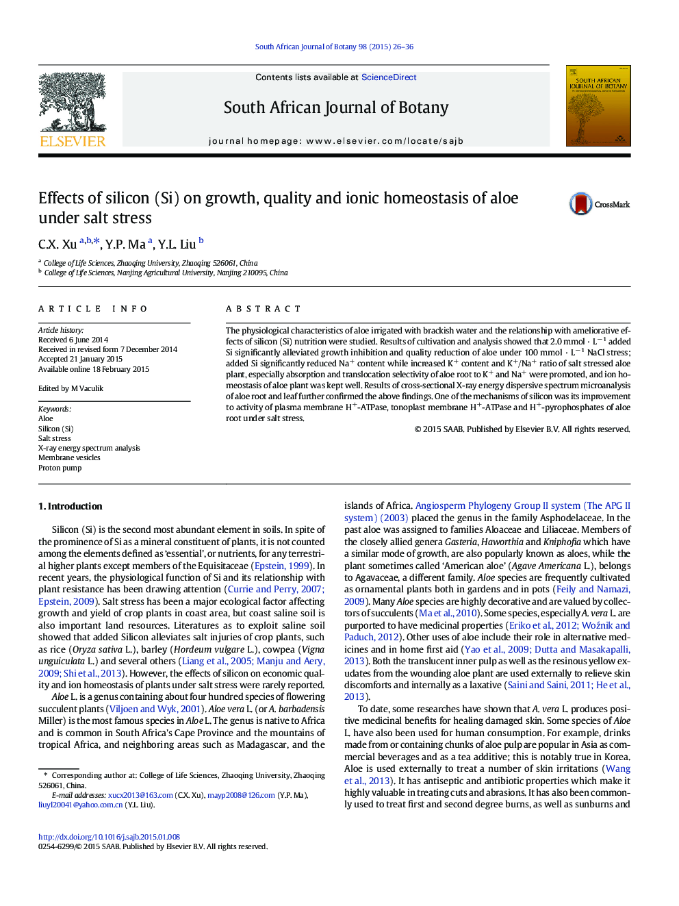 Effects of silicon (Si) on growth, quality and ionic homeostasis of aloe under salt stress