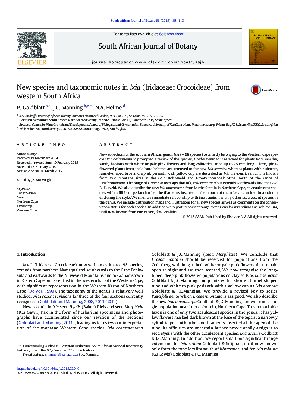 New species and taxonomic notes in Ixia (Iridaceae: Crocoideae) from western South Africa