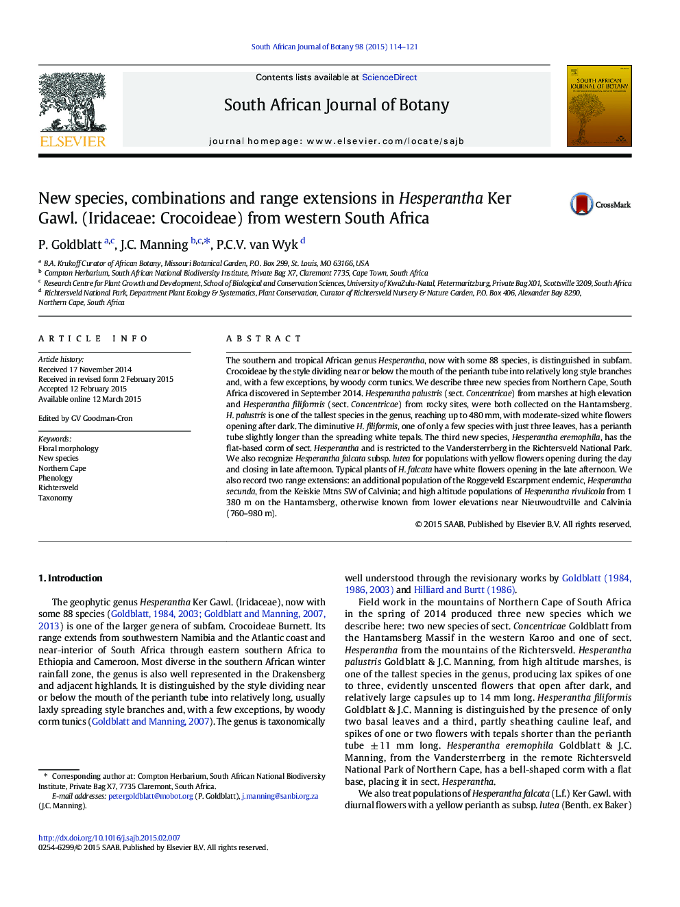 New species, combinations and range extensions in Hesperantha Ker Gawl. (Iridaceae: Crocoideae) from western South Africa