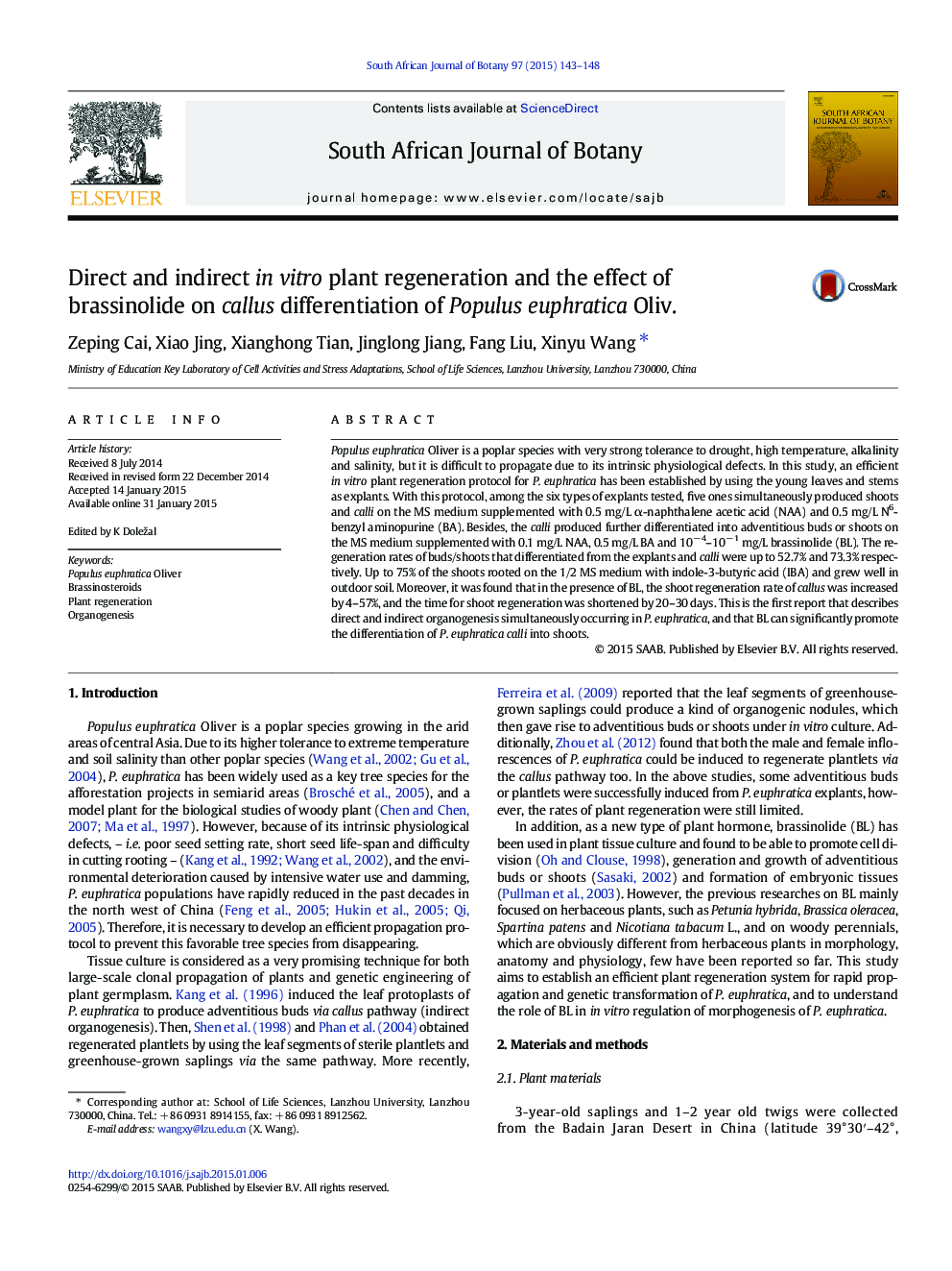 Direct and indirect in vitro plant regeneration and the effect of brassinolide on callus differentiation of Populus euphratica Oliv.