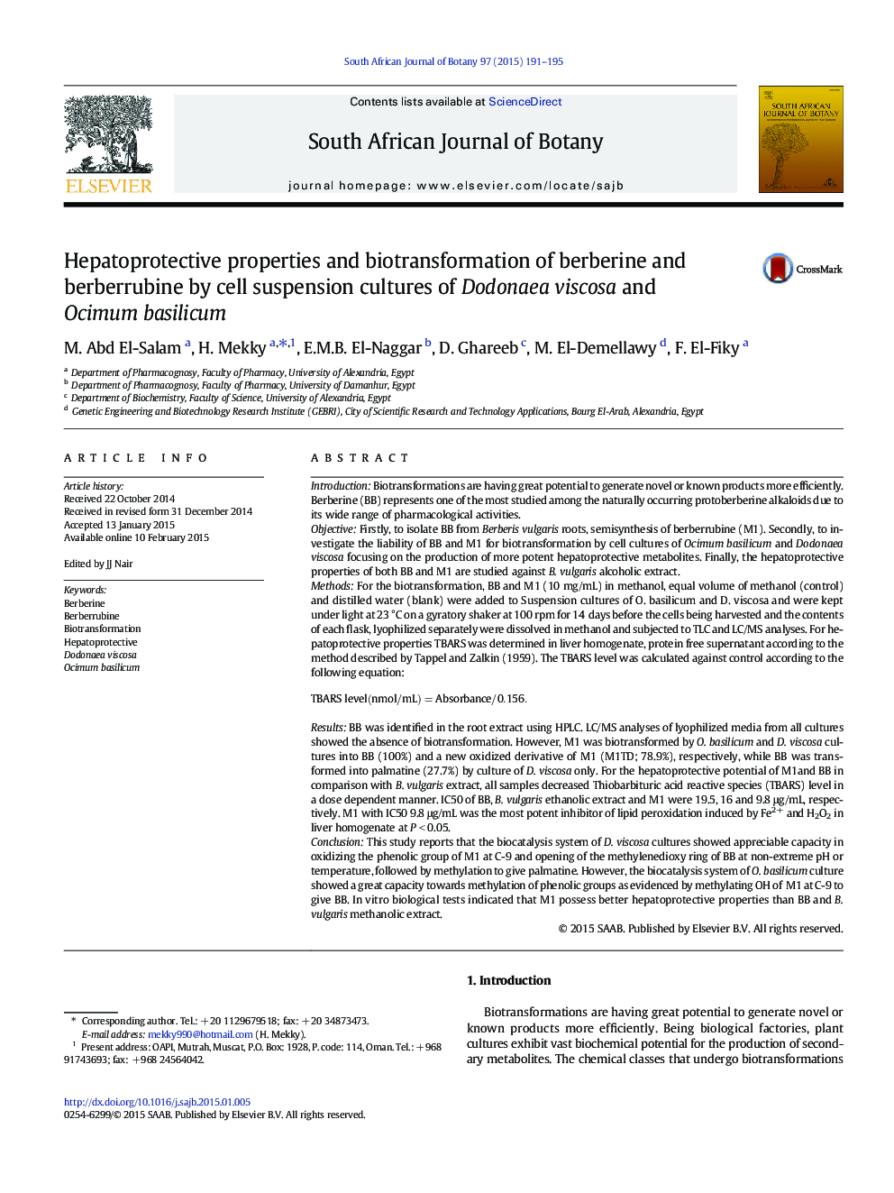 Hepatoprotective properties and biotransformation of berberine and berberrubine by cell suspension cultures of Dodonaea viscosa and Ocimum basilicum