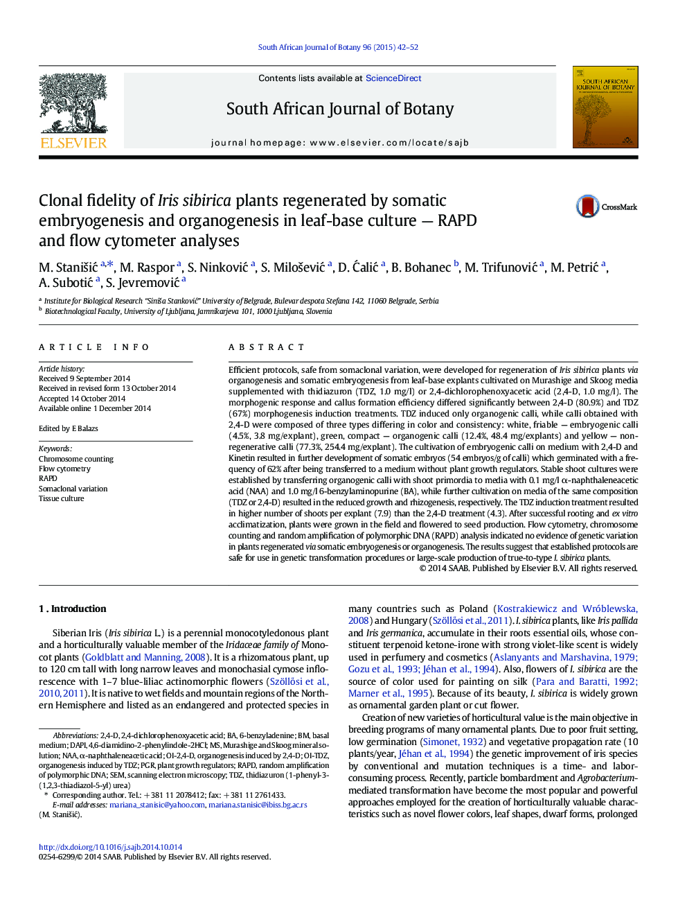 Clonal fidelity of Iris sibirica plants regenerated by somatic embryogenesis and organogenesis in leaf-base culture — RAPD and flow cytometer analyses