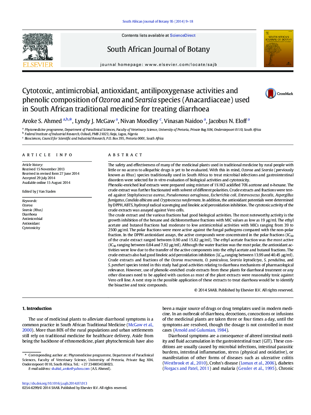 Cytotoxic, antimicrobial, antioxidant, antilipoxygenase activities and phenolic composition of Ozoroa and Searsia species (Anacardiaceae) used in South African traditional medicine for treating diarrhoea