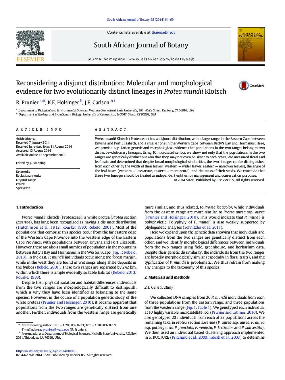 Reconsidering a disjunct distribution: Molecular and morphological evidence for two evolutionarily distinct lineages in Protea mundii Klotsch