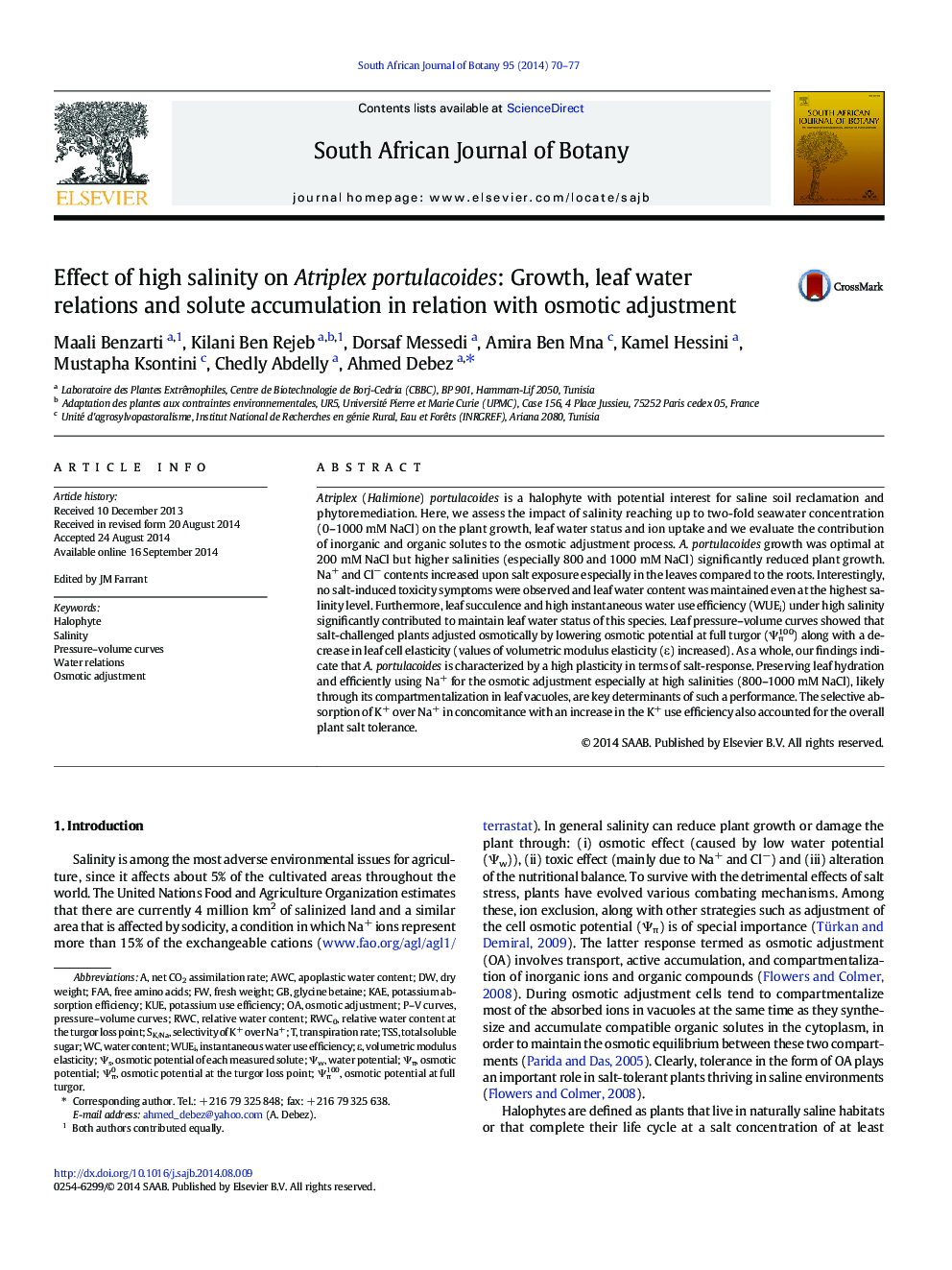 Effect of high salinity on Atriplex portulacoides: Growth, leaf water relations and solute accumulation in relation with osmotic adjustment