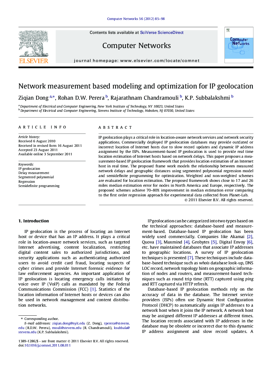 Network measurement based modeling and optimization for IP geolocation