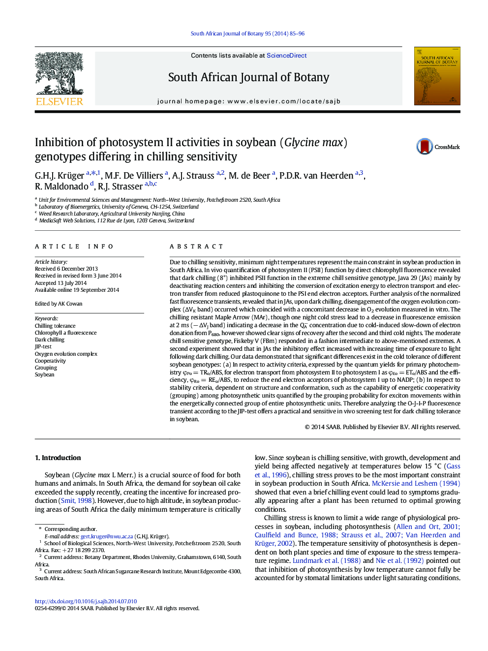 Inhibition of photosystem II activities in soybean (Glycine max) genotypes differing in chilling sensitivity