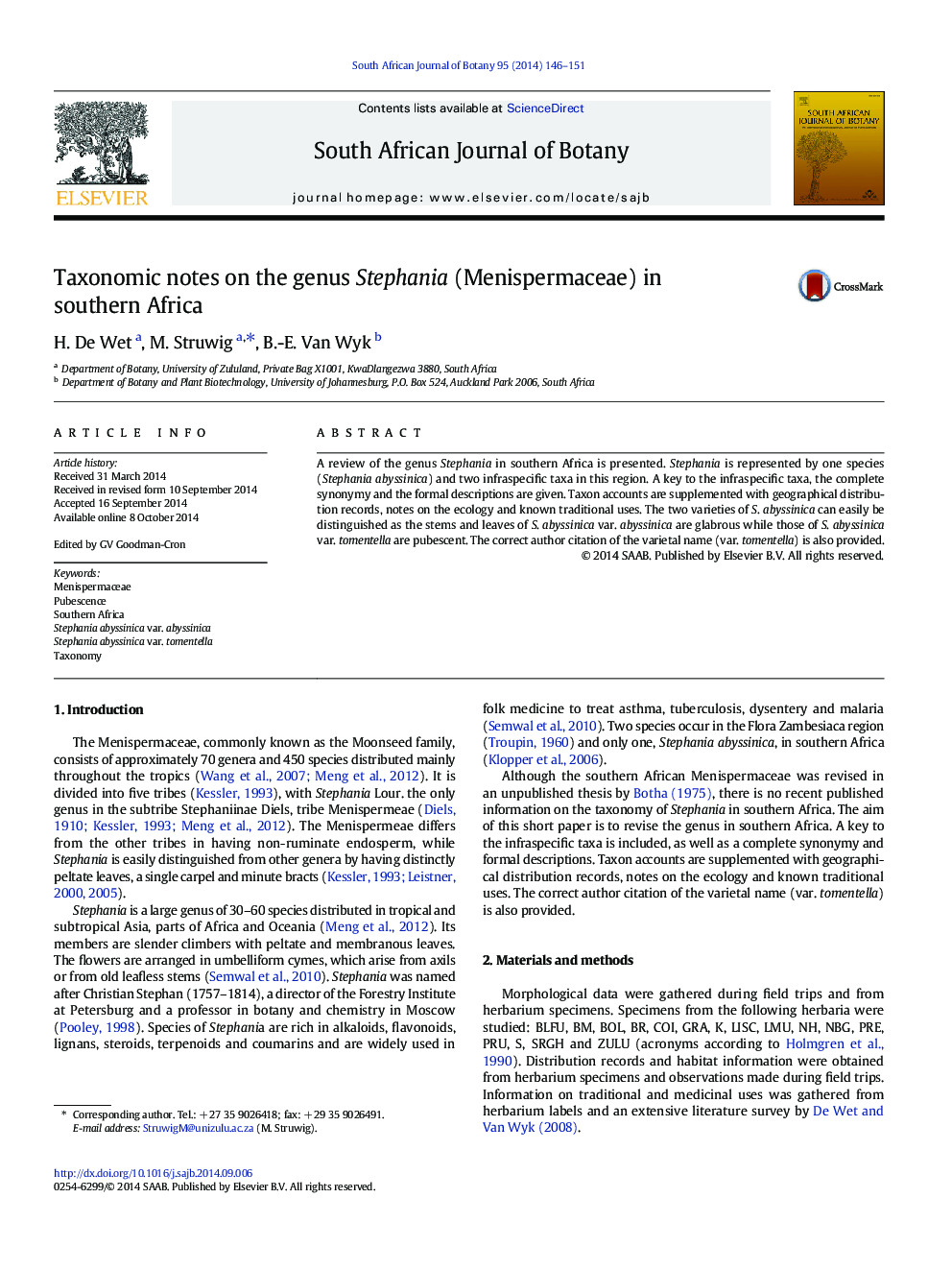 Taxonomic notes on the genus Stephania (Menispermaceae) in southern Africa