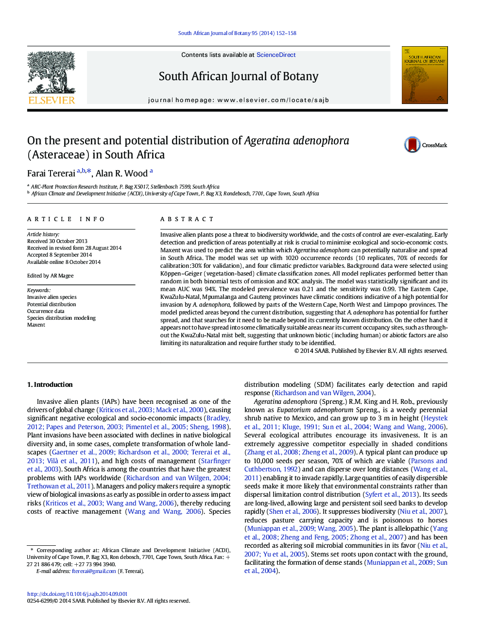 On the present and potential distribution of Ageratina adenophora (Asteraceae) in South Africa