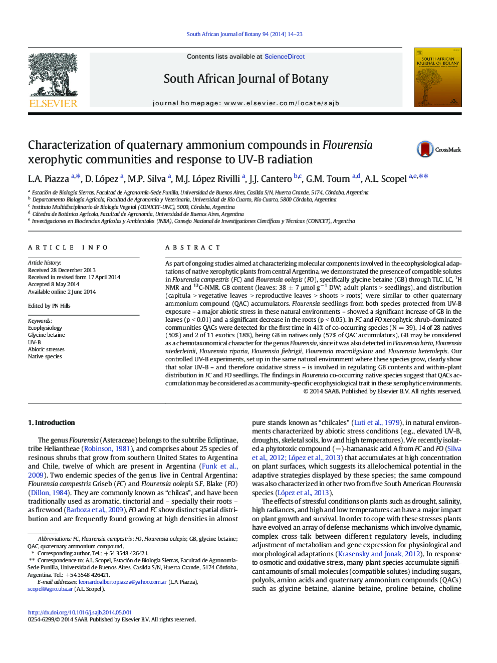 Characterization of quaternary ammonium compounds in Flourensia xerophytic communities and response to UV-B radiation