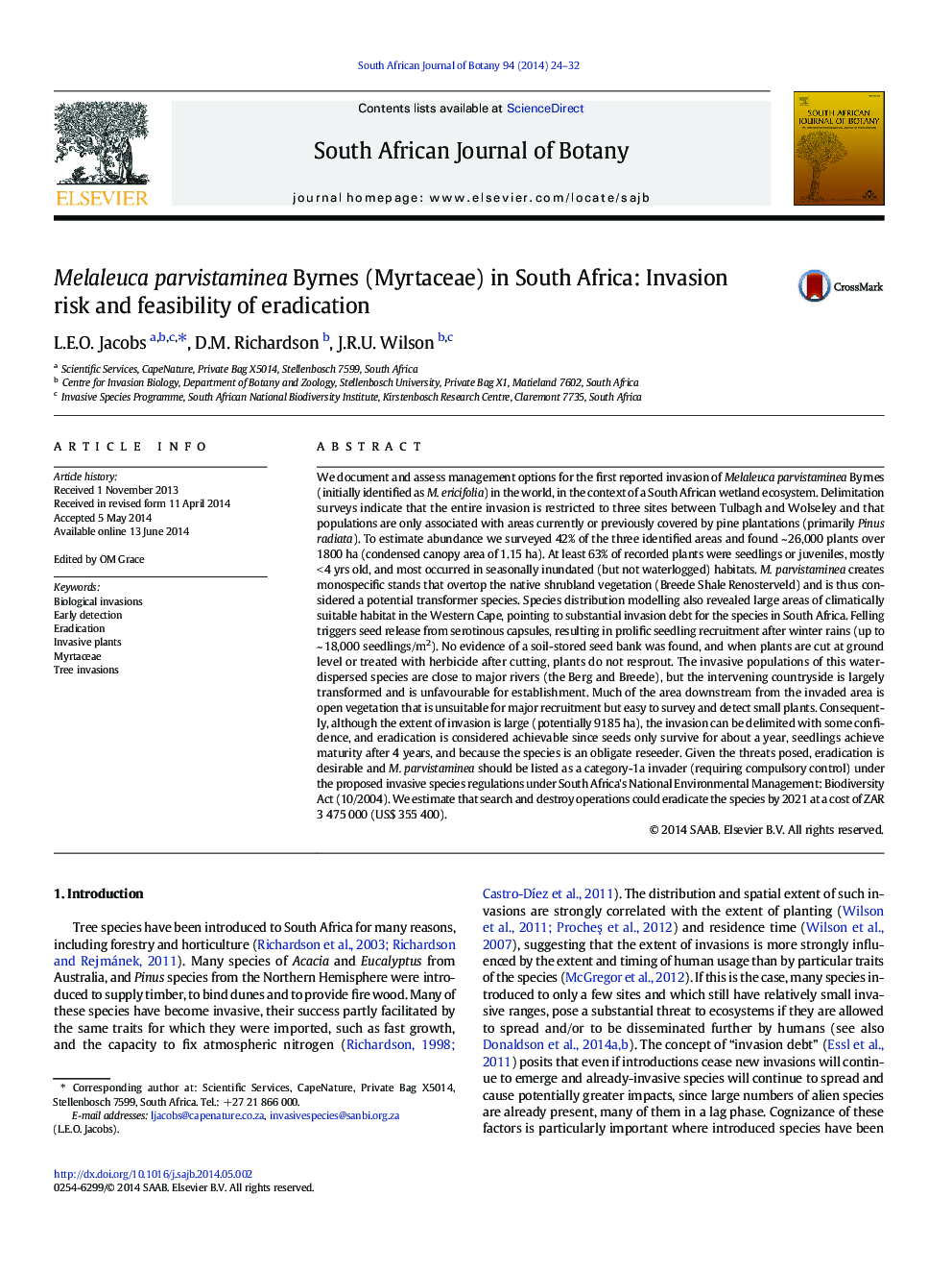 Melaleuca parvistaminea Byrnes (Myrtaceae) in South Africa: Invasion risk and feasibility of eradication