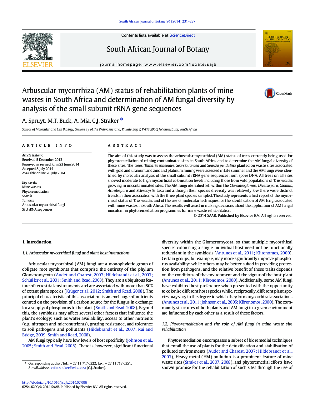 Arbuscular mycorrhiza (AM) status of rehabilitation plants of mine wastes in South Africa and determination of AM fungal diversity by analysis of the small subunit rRNA gene sequences