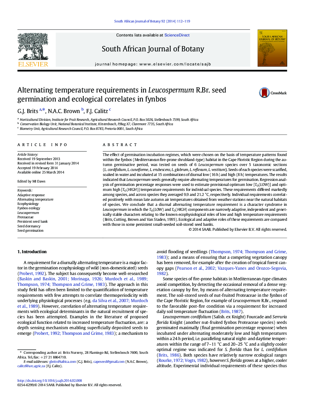 Alternating temperature requirements in Leucospermum R.Br. seed germination and ecological correlates in fynbos