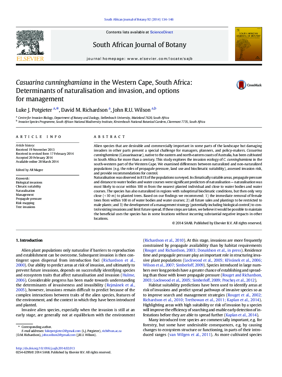 Casuarina cunninghamiana in the Western Cape, South Africa: Determinants of naturalisation and invasion, and options for management