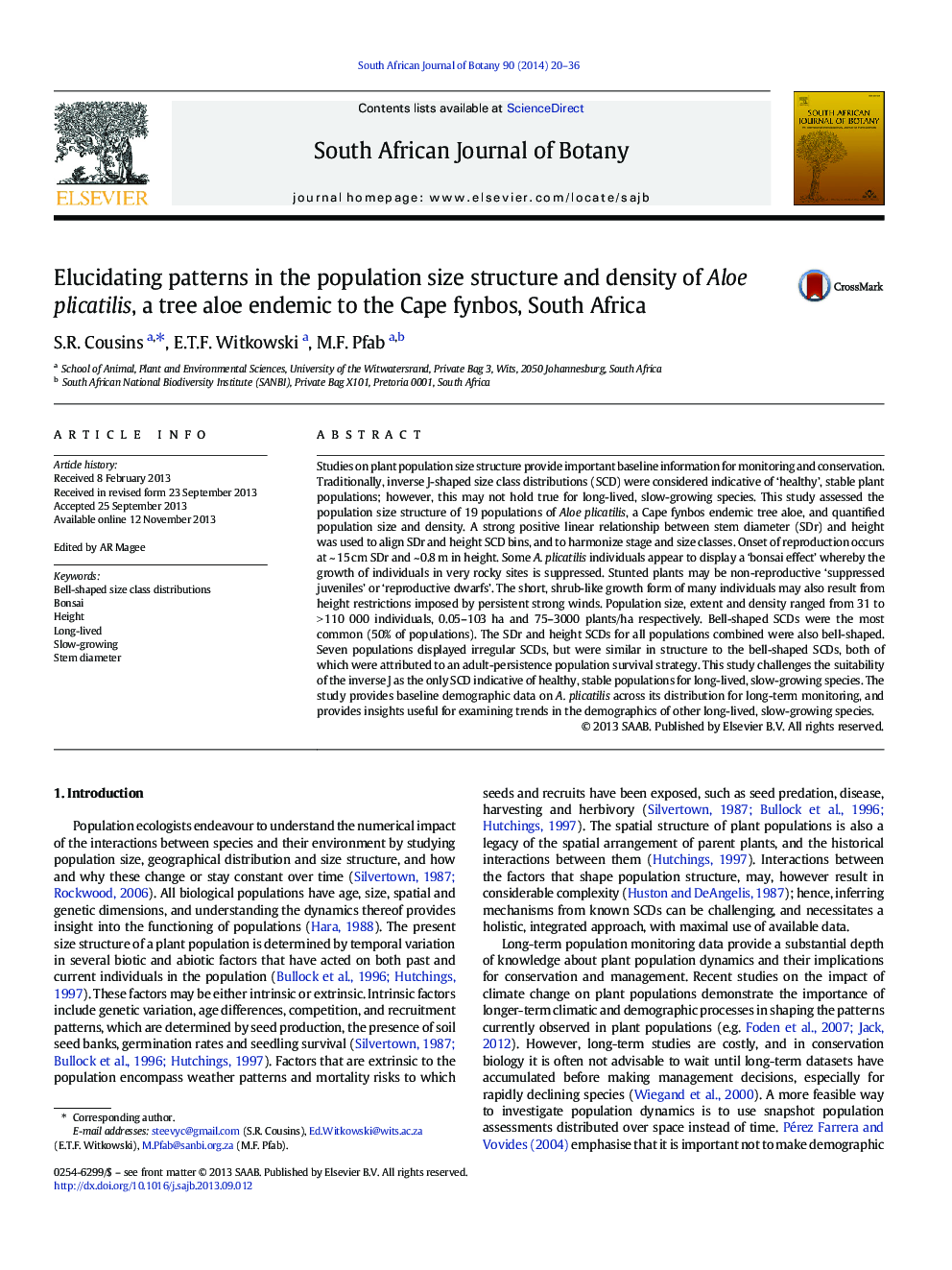 Elucidating patterns in the population size structure and density of Aloe plicatilis, a tree aloe endemic to the Cape fynbos, South Africa