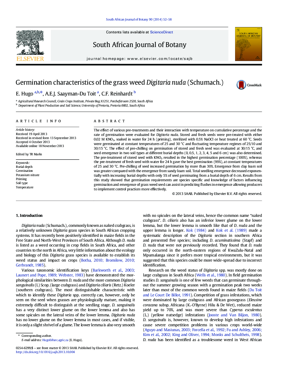 Germination characteristics of the grass weed Digitaria nuda (Schumach.)