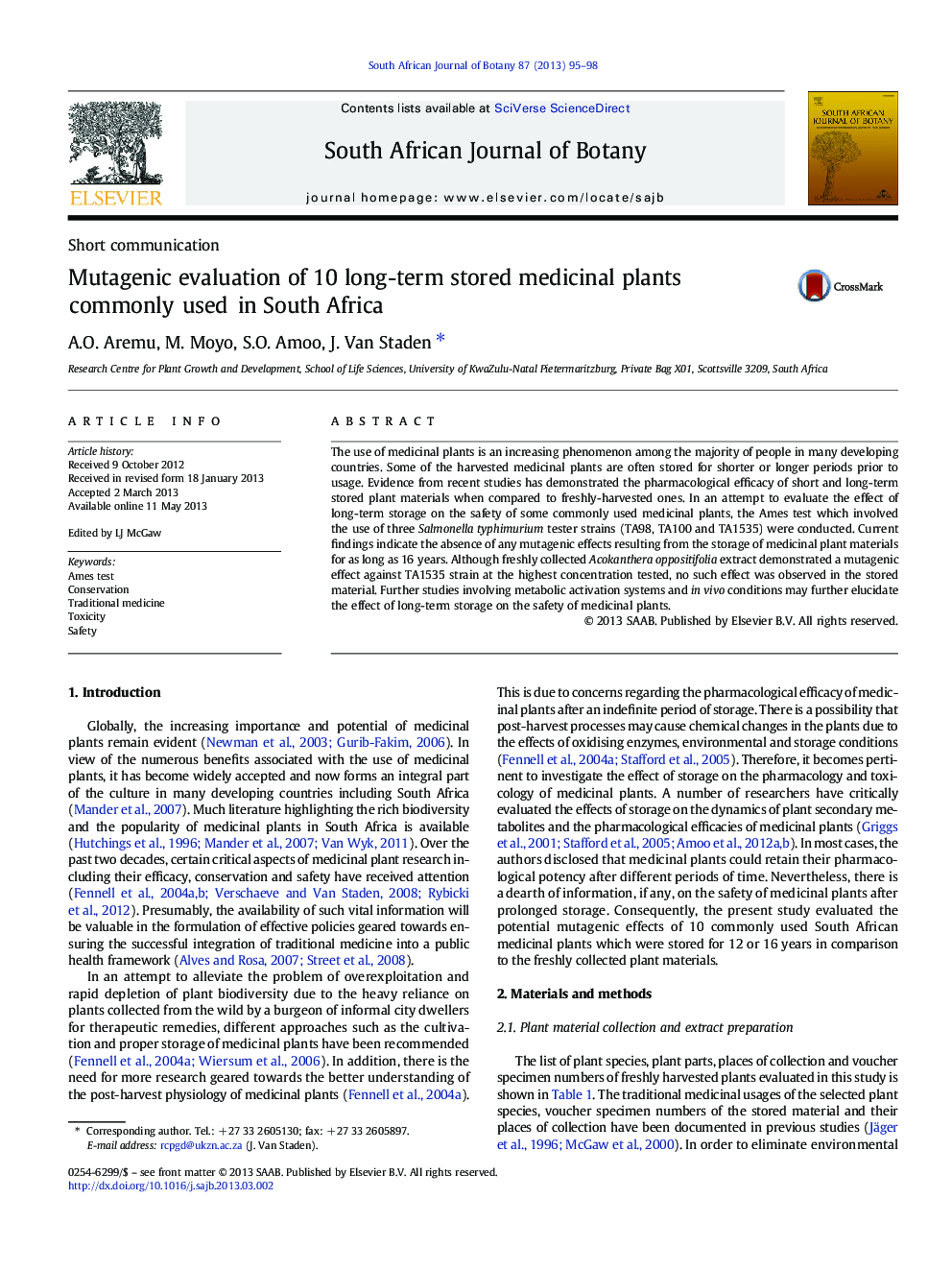 Mutagenic evaluation of 10 long-term stored medicinal plants commonly used in South Africa