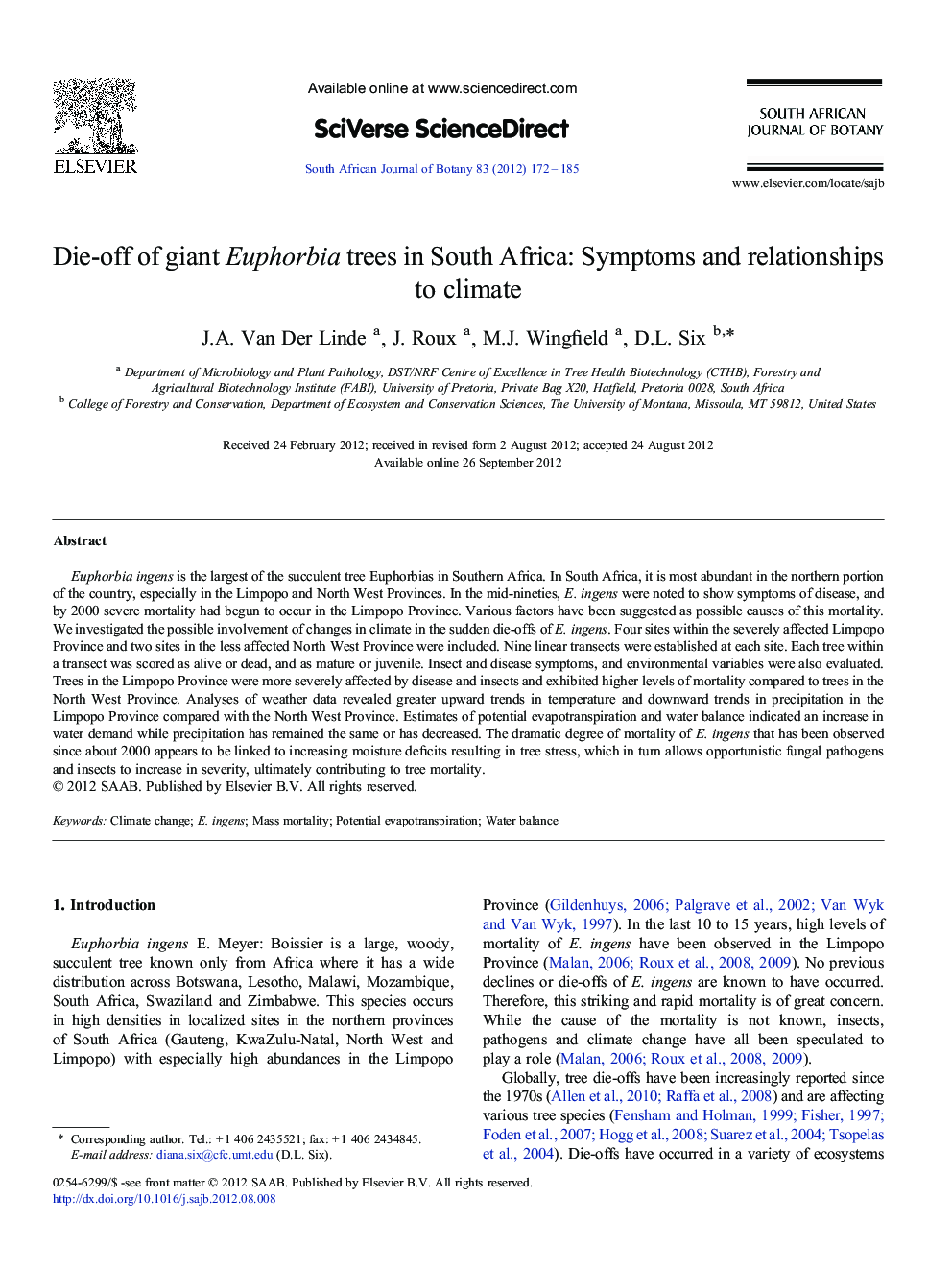 Die-off of giant Euphorbia trees in South Africa: Symptoms and relationships to climate