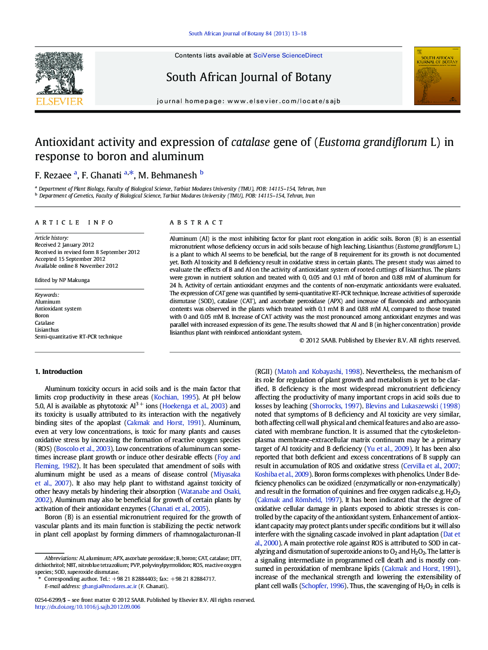 Antioxidant activity and expression of catalase gene of (Eustoma grandiflorum L) in response to boron and aluminum