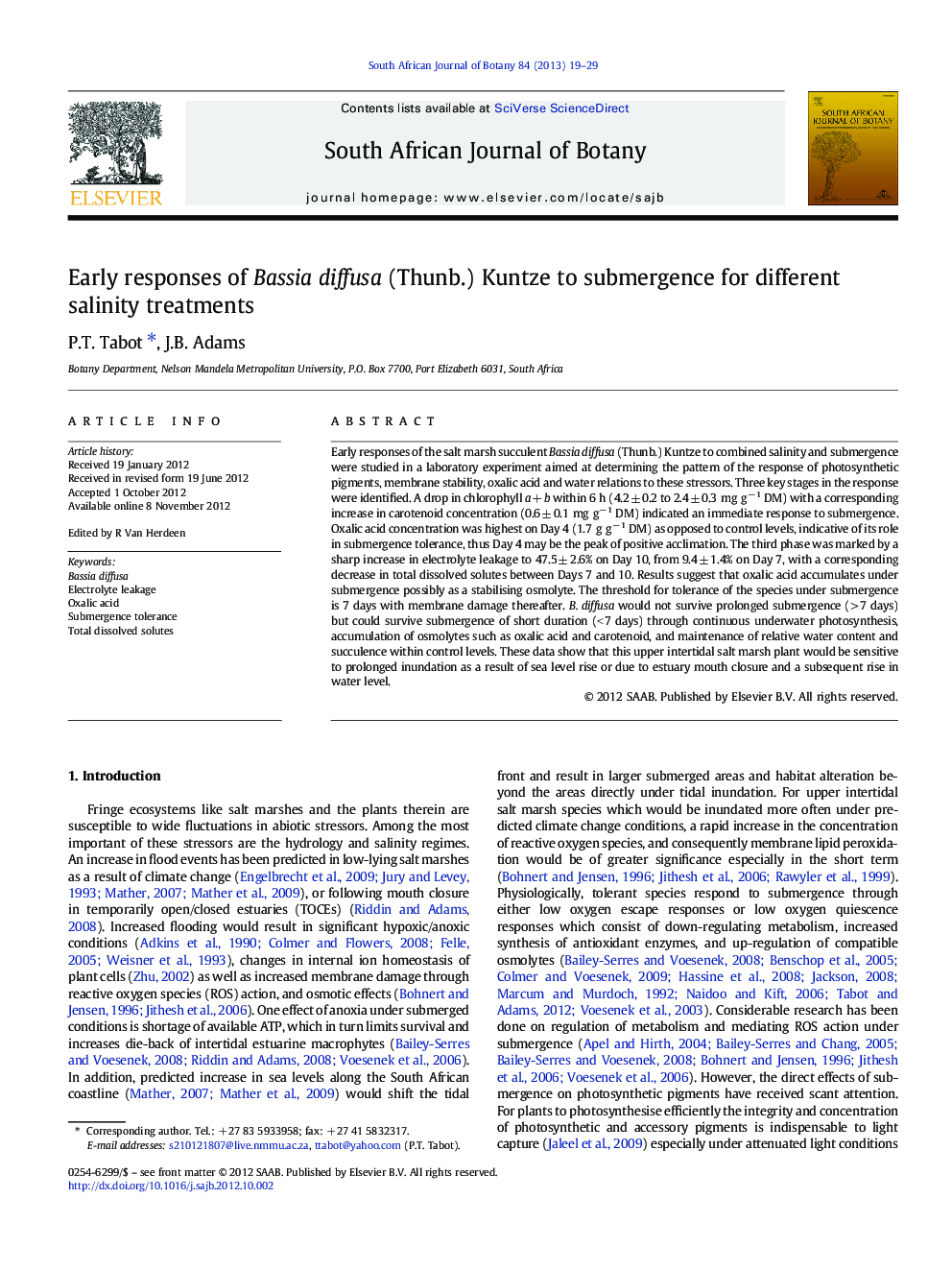 Early responses of Bassia diffusa (Thunb.) Kuntze to submergence for different salinity treatments