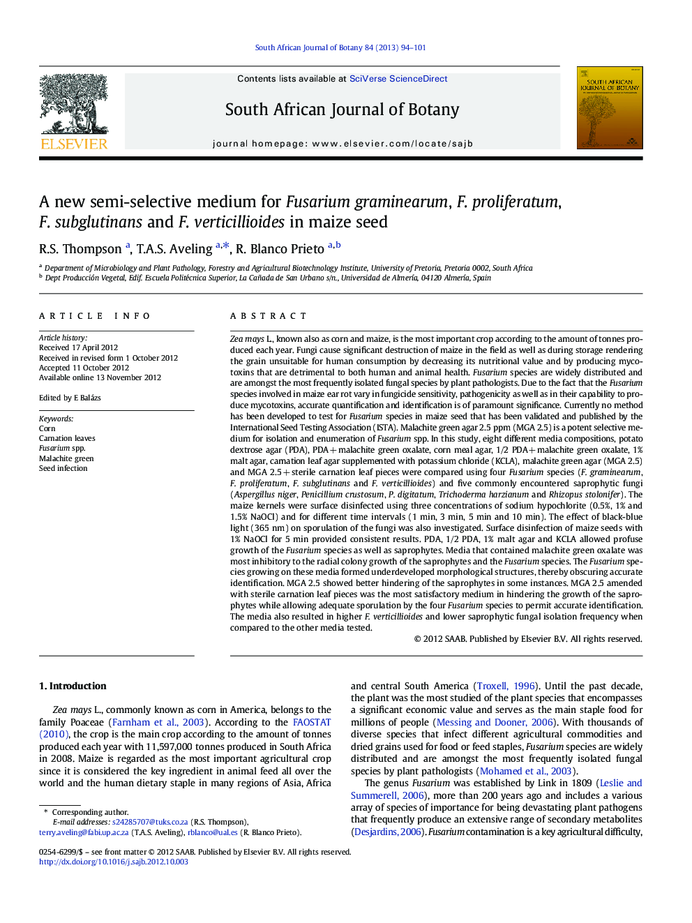 A new semi-selective medium for Fusarium graminearum, F. proliferatum, F. subglutinans and F. verticillioides in maize seed