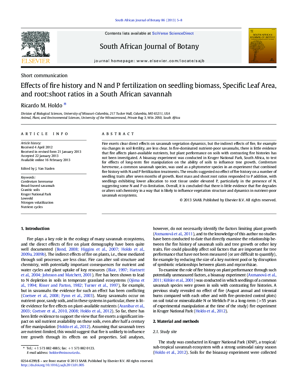 Effects of fire history and N and P fertilization on seedling biomass, Specific Leaf Area, and root:shoot ratios in a South African savannah